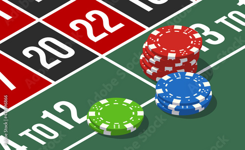 2022 Happy New Year casino style greeting card with roulette wheel and tokens chips bet on isometric green table. Merry Christmas 2K22 Xmas banner bet roulette desk design. New year 2022 party poster