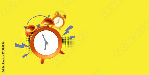 Wake up poster with alarm clock. Good morning. Alarming ring.