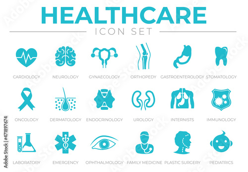 Healthcare Icon Set of Cardiology, Gynecology Orthopedy Gastroenterology, Dermatology, Urology, Internists, Immunology, Laboratory, Emergency,  Ophthalmology, Family Plastic Surgery, Medical Icons.