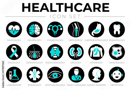 Black Healthcare Icon Set of Cardiology, Neurology, Gynecology, Orthopedy, Oncology, Dermatology, Urology, Immunology, Laboratory, Emergency,  Ophthalmology, Family Medicine, Pediatrics Medical Icons.