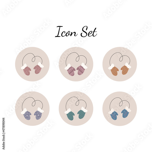 Icon set of doodle warm winter gloves. Vector hand drawn holiday elements. Red, pink, green, yellow, orange, purple, dark blue colors