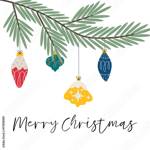 Mery Christmas gift card with spruce branch and doodle holiday christmas balls in yellow, red, green, dark blue colors