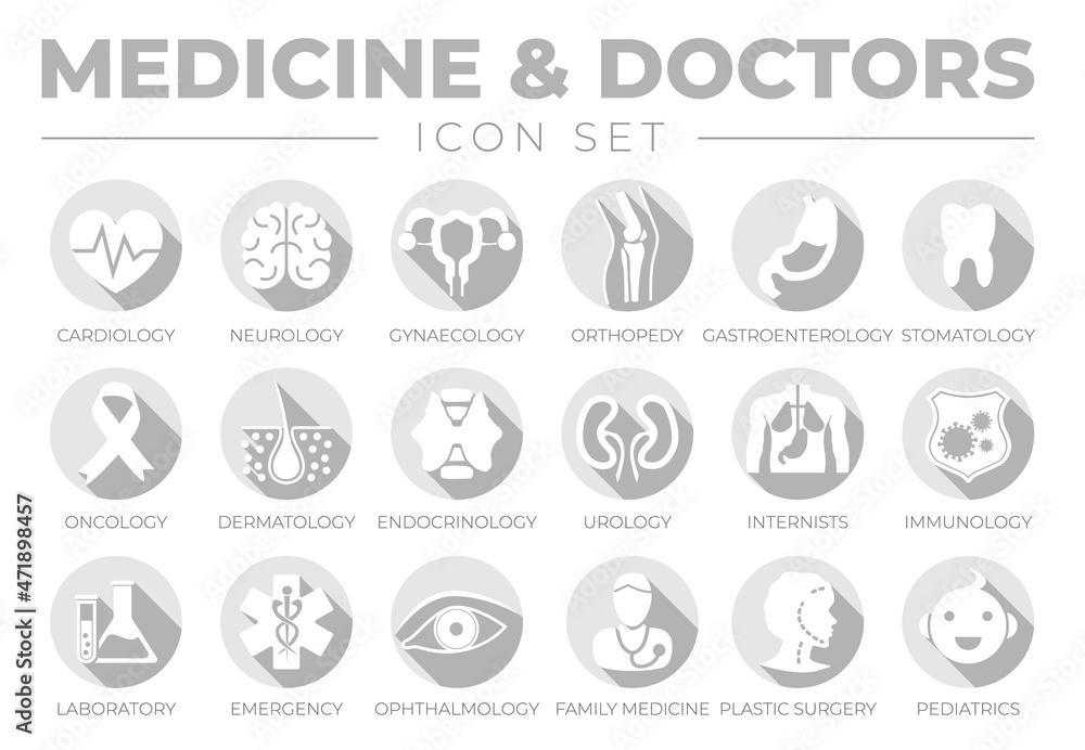 Medicine Gray Flat Icon Set of Cardiology, Gynecology, Orthopedy, Gastroenterology, Stomatology,Oncology, Dermatology, Immunology, Ophthalmology, Family Medicine, Surgery, Pediatrics Medical Icons. Medicine Gray Flat Icon Set of Cardiology, Gynecology, Orthopedy, Gastroenterology, Stomatology,Oncology, Dermatology, Immunology, Ophthalmology, Family Medicine, Surgery, Pediatrics Medical Icons.
