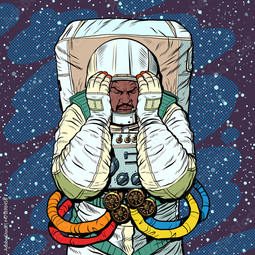 An african astronaut has a headache. Migraine stress brain diseases, medicine and health