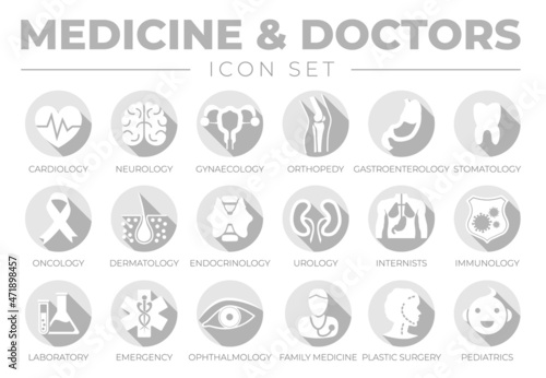 Medicine Gray Flat Icon Set of Cardiology,  Gynecology, Orthopedy, Gastroenterology, Stomatology,Oncology, Dermatology, Immunology, Ophthalmology, Family Medicine, Surgery, Pediatrics Medical Icons.