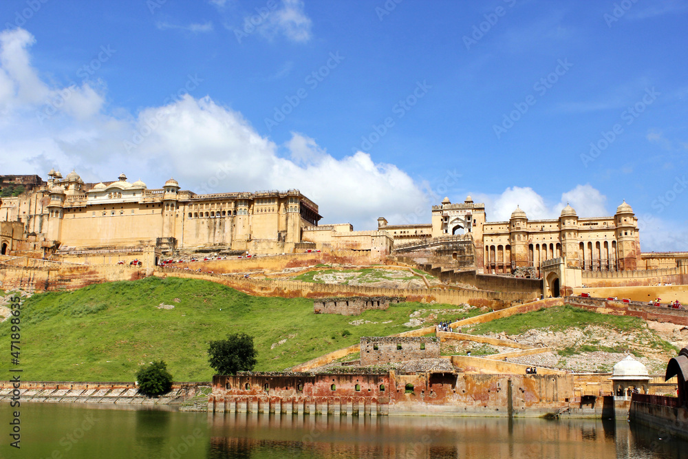 Protective walls and Maota lake of Amber Fort. Jaipur, India 