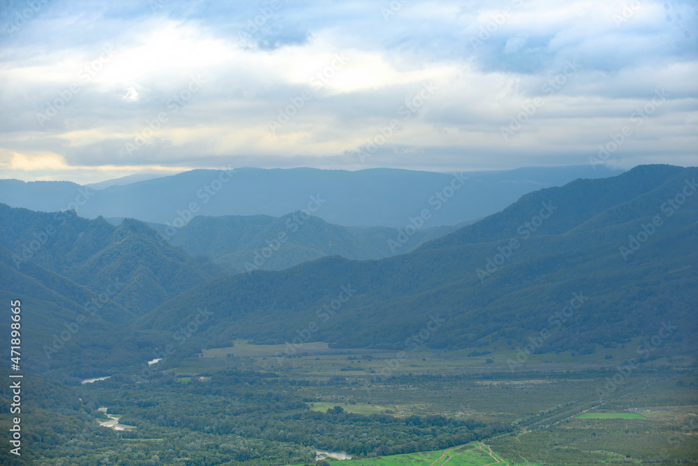 Fototapeta premium Mountains Republic of Adygea in cloudy weather in fog