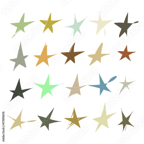Set of multicolored vector handmade stars in doodle style isolated on white background. Stars in pastel colors. Can be used as a template or as a standalone element  icons. Marker brush sketches.