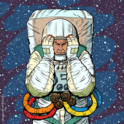 An astronaut has a headache. Migraine stress brain diseases, medicine and health