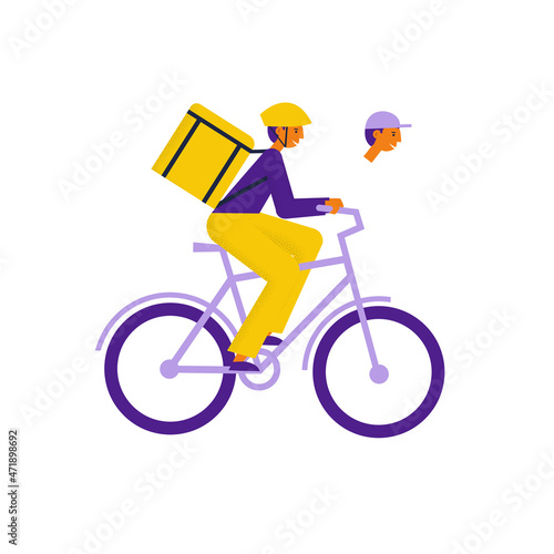 Man courier on a bike with parcel box on a back. Bicycle delivery man carrying package. Ecological city transport. Two variants helmet and cap. Flat vector illustration