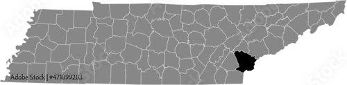 Black highlighted location map of the Monroe County inside gray administrative map of the Federal State of Tennessee, USA photo