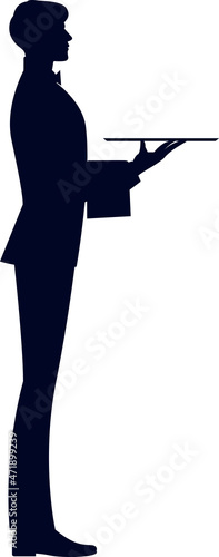 Stylized silhouette of a man waiter in profile in full length on a white background. An elegant waiter holds a tray in his hand. Vector illustration