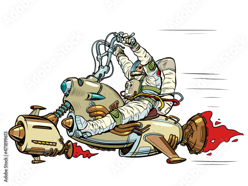 Space biker. An astronaut is flying on a jet-powered flying analogue of a motorcycle. Science fiction