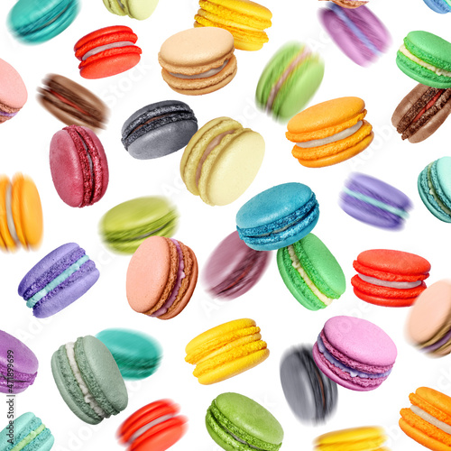 Wallpaper Mural Colored macaroons with different flavors in chaotic motion on a white background Torontodigital.ca