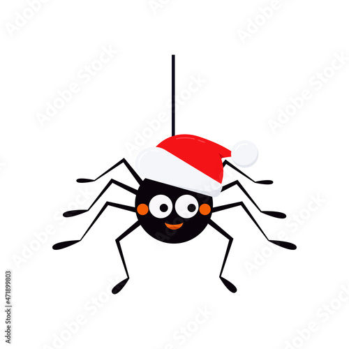 Christmas spider in santa claus hat hanging on a string of cobwebs icon isolated on white background. Cute animal character  in santa cap for x-mas party design. Flat cartoon vector illustration.
