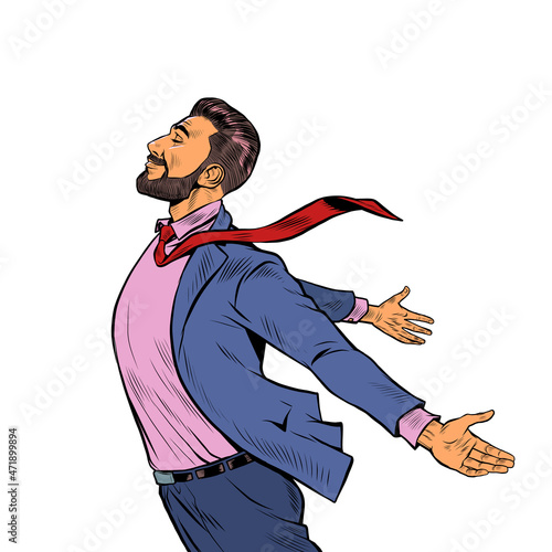 a joyful man stands in the wind, opened his hands to the elements. Strong leader businessman
