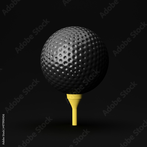 Black golf ball on yellow tee isolated on dark background; close up, perspective view of dark golfball; 3d rendering, 3d illustration