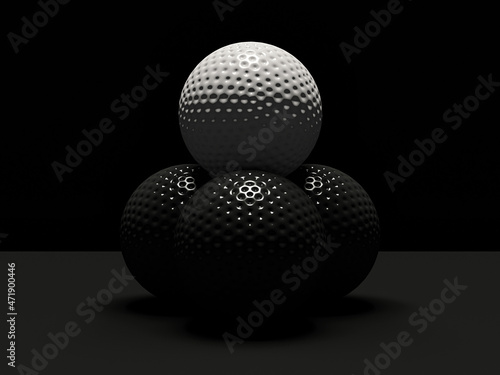 White golf ball on top of three black golf balls isolated on dark background; close up, perspective view; concept of victory; 3d rendering, 3d illustration