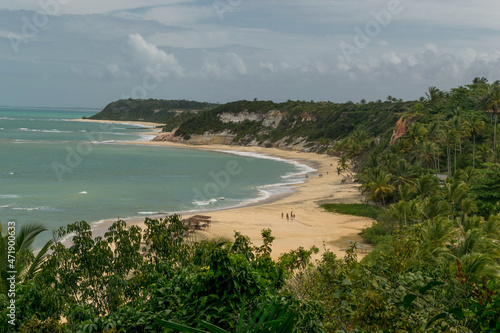 Linda vista de cima de praia com mar  montanhas  mata e fal  sias