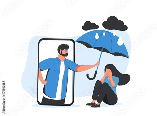 Online therapy. Woman supports man with psychological problems. Girl comforts her sad male friend over the phone.
