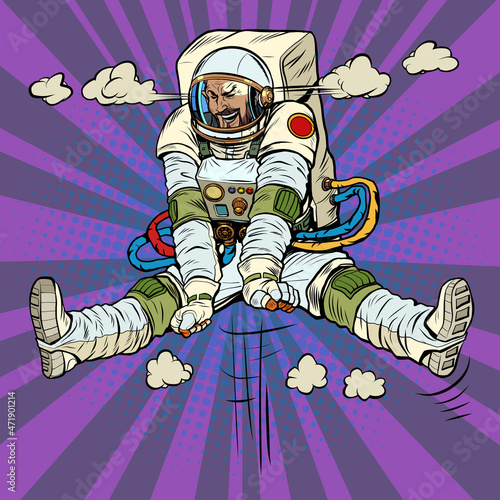 Joy hyper jump, cartoon emotion The characteristic emotional pose of a astronaut man