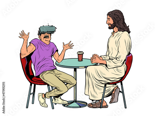 A young man in virtual reality glasses and Jesus next to him. Religion and virtual life