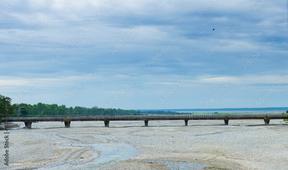 Long concrete bridge on Murty River, North Bengal in West Bengal, India.