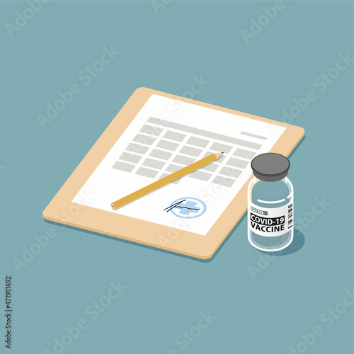 Coronavirus vaccine bottle with medical report isometric 3d vector illustration. Hospital details, laboratory equipment, health care, vaccination concept. Covid-19 vaccination schedule clipboard check