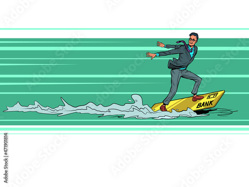 A businessman floats on a plastic card, like on a boat or a board. Speed of transfers and banking services