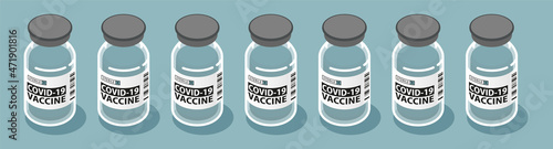 Covid disease vaccine bottle horizontal banner. Isometric 3d coronavirus vaccine vials on blue background. Health care, immunization, vaccination, stop rapid covid-19 infection vector illustration.