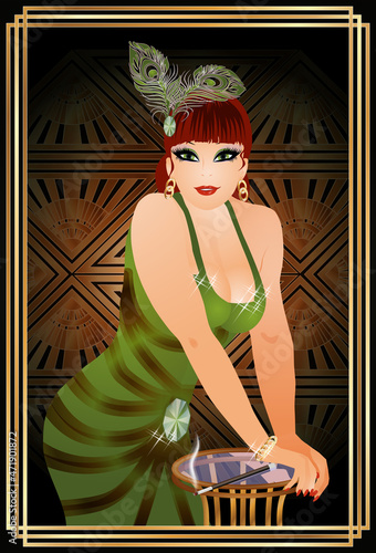 Нoung redhead woman leans on a glass tablein, card in style art deco, vector illustration