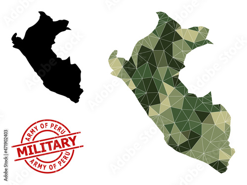 Low-Poly mosaic map of Peru, and distress military rubber seal. Low-poly map of Peru combined with randomized camo colored triangles. Red round stamp for military and army conceptual illustrations,