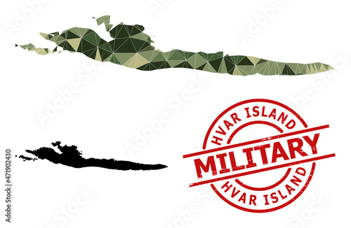 Low-Poly mosaic map of Hvar Island, and textured military rubber seal. Low-poly map of Hvar Island is designed from randomized camouflage colored triangles. photo