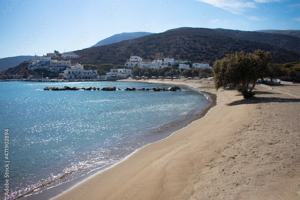 Secluded Sikinos island Greece. Beautiful quiet beach in a beautiful bay on a summers day.  Landscape aspect shot with copy space.