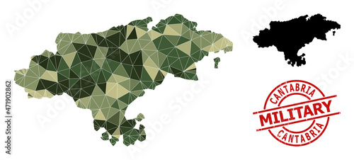 Low-Poly mosaic map of Cantabria Province, and scratched military stamp imitation. Low-poly map of Cantabria Province combined from randomized camouflage color triangles.