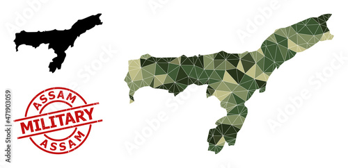 Low-Poly mosaic map of Assam State, and grunge military stamp. Low-poly map of Assam State is constructed of randomized camo color triangles.