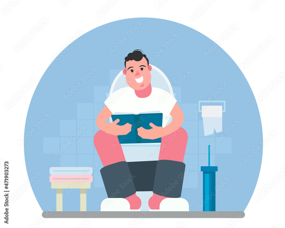 Smiling man reading a book in the toilet. Flat vector illustration. Smiling man reading a book in the toilet. Flat vector illustration.