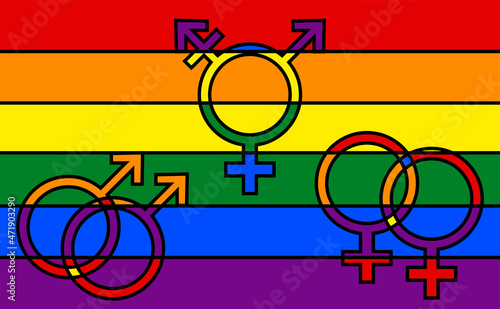 A stained glass. LGBT rainbow flag with different types: lesbian female, gay male, and transsexual symbols