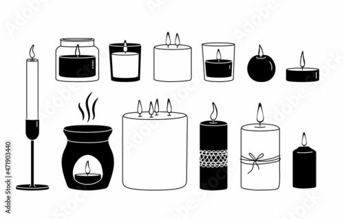 Various Candles black and white set. Different shapes and sizes. Pillar, jar candle, candlestick, circle candle, multi wick. Decorative wax candles for relax and spa. Hand drawn outline Vector set