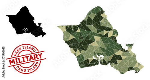 Lowpoly mosaic map of Oahu Island, and scratched military stamp imitation. Lowpoly map of Oahu Island combined from scattered khaki color triangles.