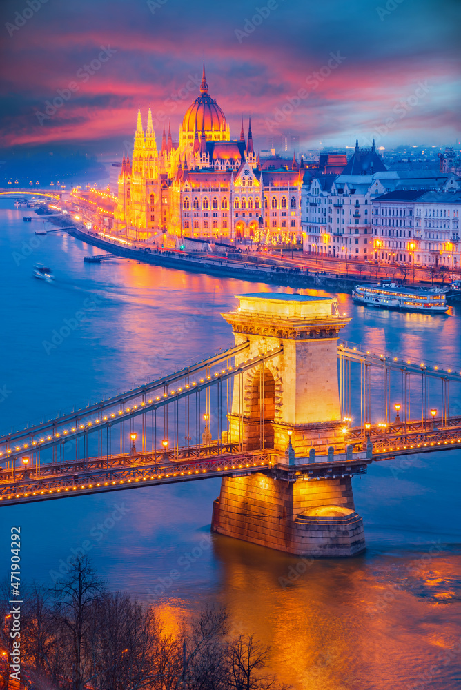 Budapest, Hungary. Hungarian Parliament, Chain Bridge and Danube