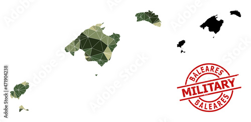 Low-Poly mosaic map of Baleares Province, and distress military seal. Low-poly map of Baleares Province constructed with random khaki color triangles.