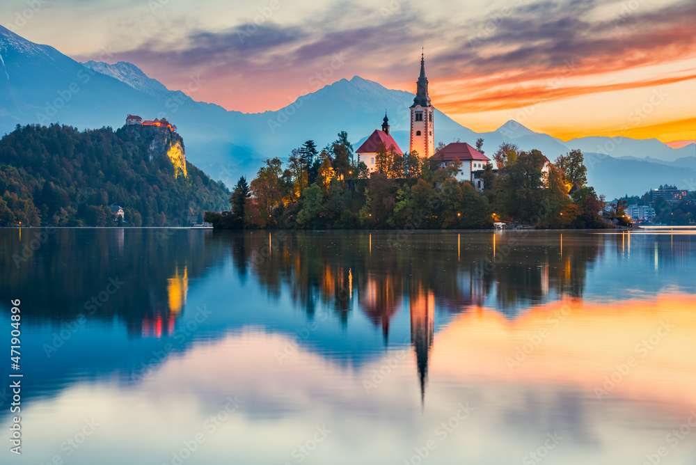 Bled, Slovenia - Sunrise with Julian Alps and Church Santa Maria