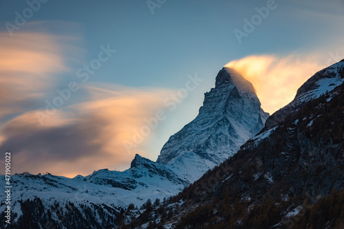 View of Matterhorn, Matterhorn with clouds at sunset.