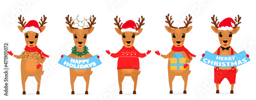 Christmas reindeer in a Santa Claus hat, in a scarf, with a garland, in shorts on suspenders, in a sweater
