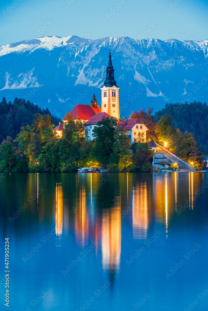Bled, Slovenia - Church Santa Maria and Julian Alps.