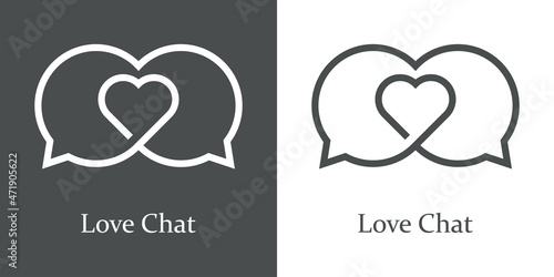 Logotipo con texto Love Chat con 2 burbujas de habla con forma de corazón en su interior con líneas en fondo gris y fondo blanco photo