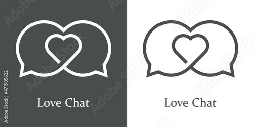 Logotipo con texto Love Chat con 2 burbujas de habla con forma de corazón en su interior con líneas en fondo gris y fondo blanco