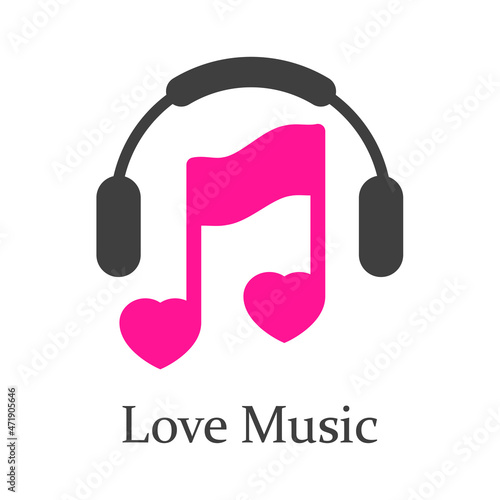 Logotipo lineal con texto Love Music con nota musical con forma de corazón con audifonos para su uso en invitaciones y tarjetas de felicitación en color gris y rosa