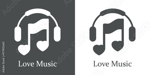 Logotipo lineal con texto Love Music con nota musical con forma de corazón con audifonos para su uso en invitaciones y tarjetas de felicitación en fondo gris y fondo blanco